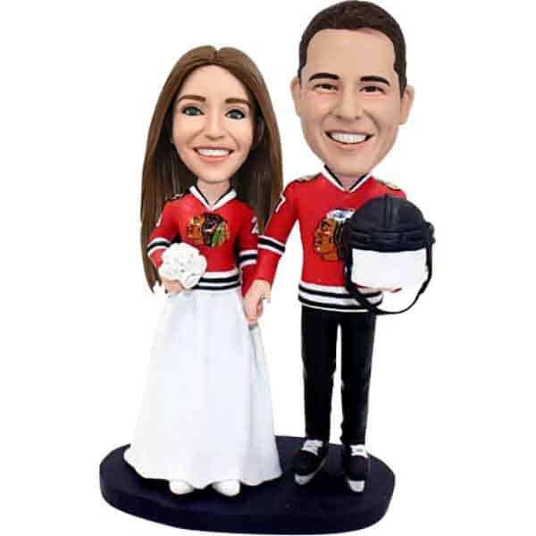 Personalized bride and groom bobbleheads hockey theme