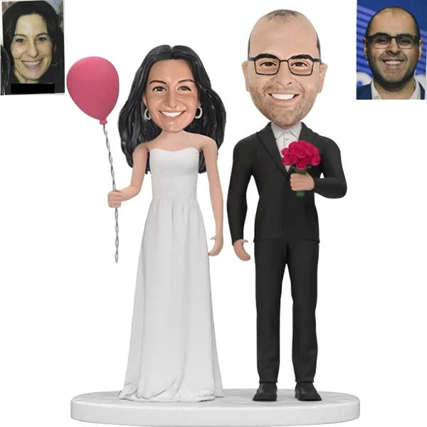 Wedding Bobblehead Cake Topper holding flower and balloon