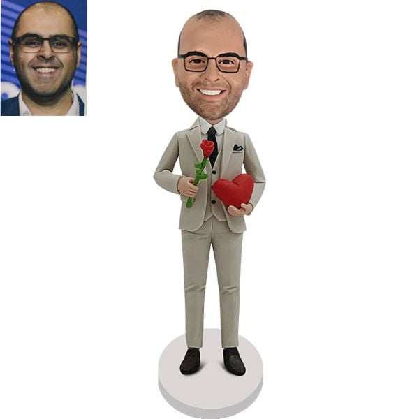 Boyfriend Husband Bobblehead Holding Heart and flower Valentines day