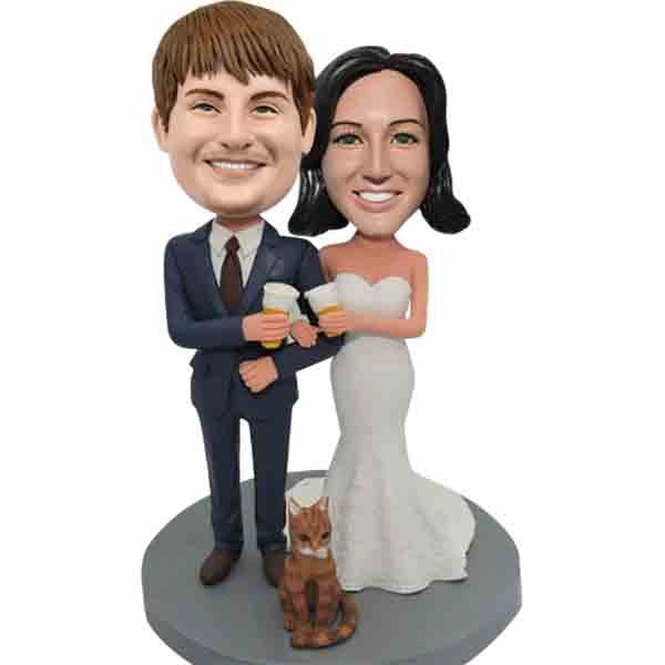 Custom bobblehead wedding cake topper Cheers with cat
