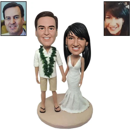 Custom groom and bride bobbleheads with garland