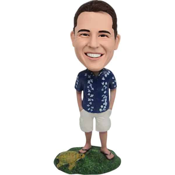 Custom Bobbleheads in floral shirt and turtle