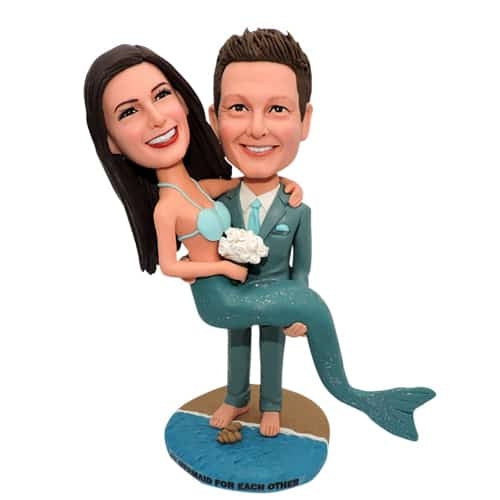 Custom wedding bobblehead groom holding mermaid bride