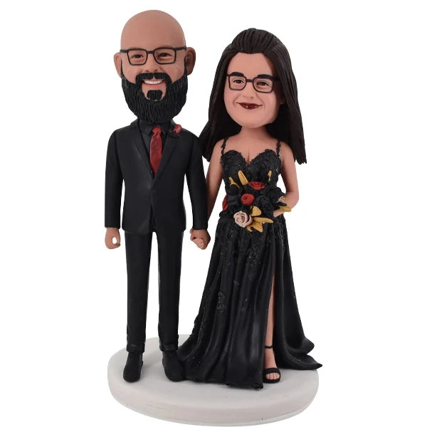 Groom and Bride Bobblehead in Black Wedding Gown