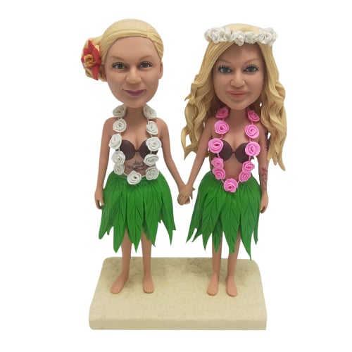Custom wedding Lesbian bobbleheads two brides in hula skirt