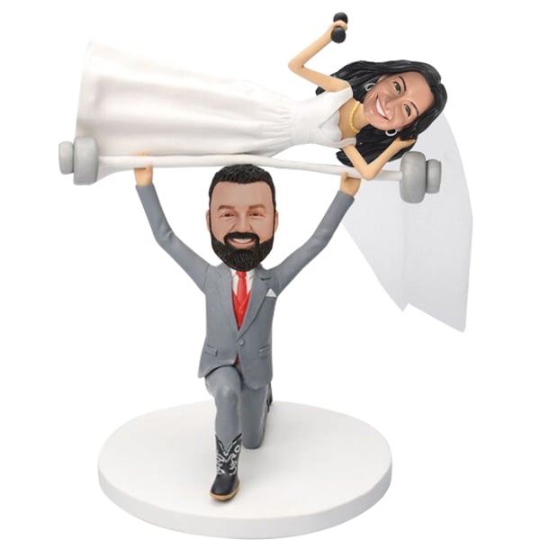 Weightlifting Groom Wedding Bobblehead Cake Toppers