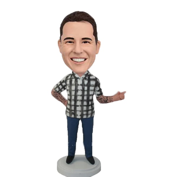 Personalized bobblehead with tattoos in plaid shirt