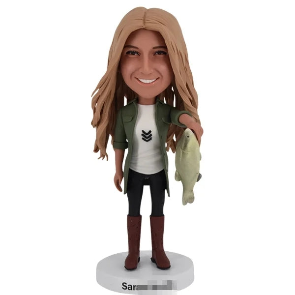 Custom Fisher woman Bobblehead Fishing holding fish