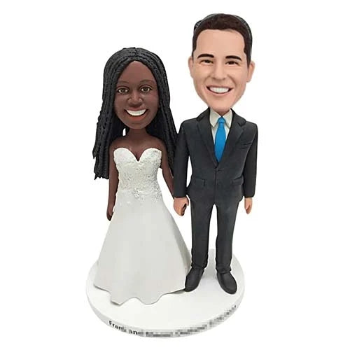 Custom interracial wedding bobbleheads bride with dreadlocks