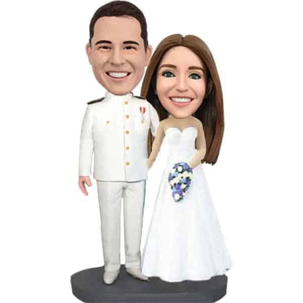 Custom bobbleheads wedding cake topper navy groom
