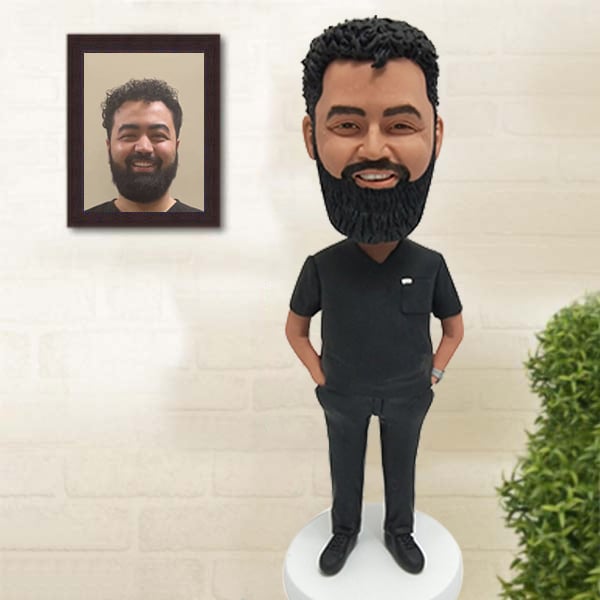 Male Nurse Bobblehead with black scrubs from photo