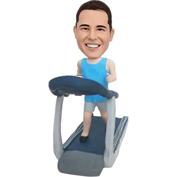 Custom bobbleheads on treadmill in gym