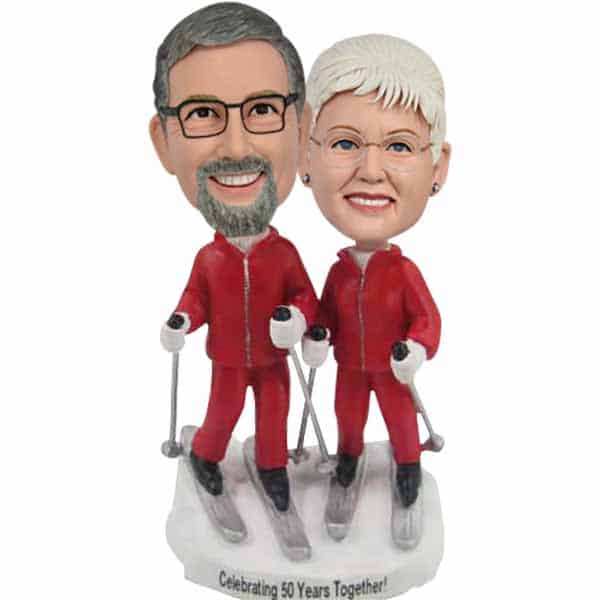 Custom Bobbleheads Skiing Couple Celebrating 50 Years