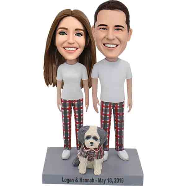 Custom casual bobbleheads couple with dog