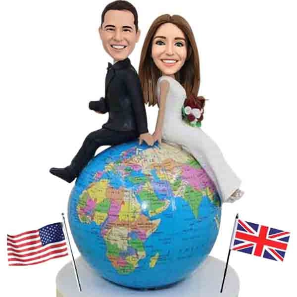 Personalized Wedding Bobblehead cake toppers US groom and UK bride