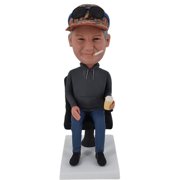 Custom Male Bobble Head sitting in chair with cigar and beer smoke