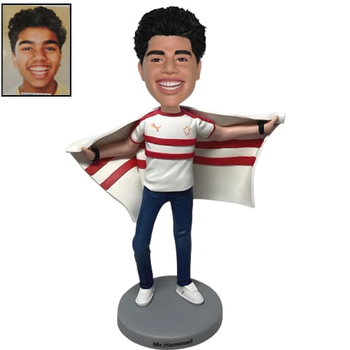 Custom Athlete Bobble Head Holding Up Flag