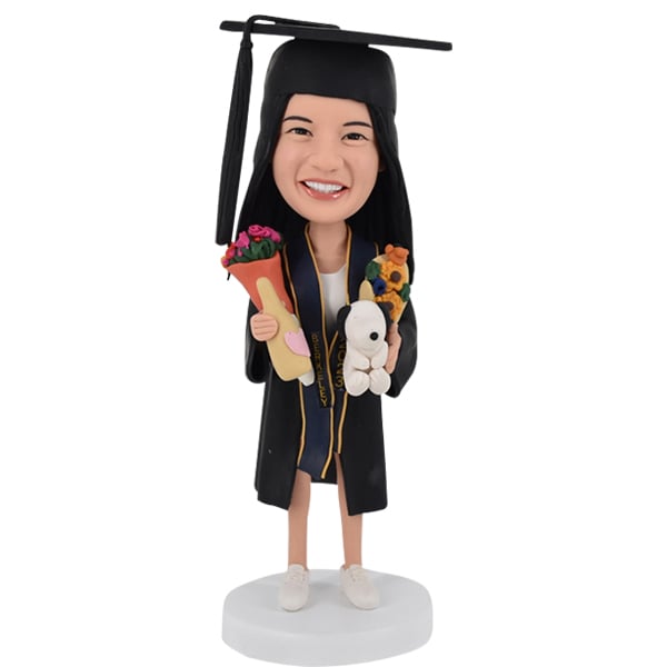 Graduation Bobblehead holding flowers and champagne student