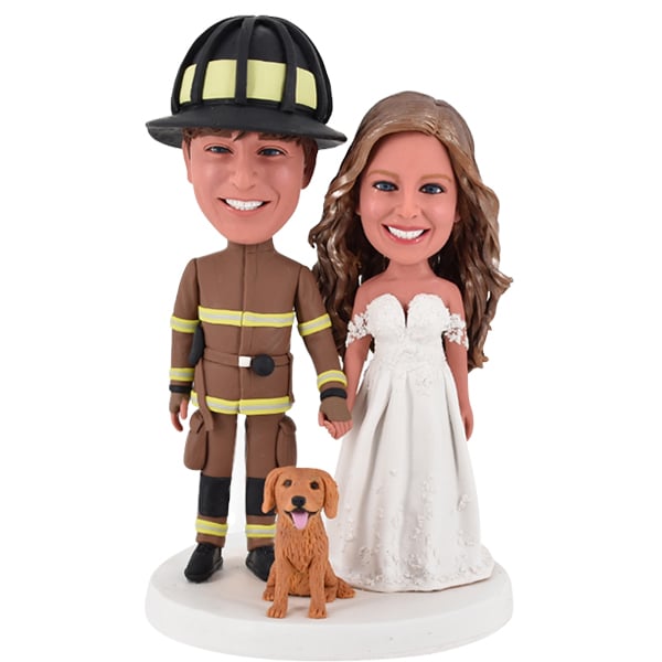 Handmade wedding Bobbleheads Cake Topper Fireman and bride