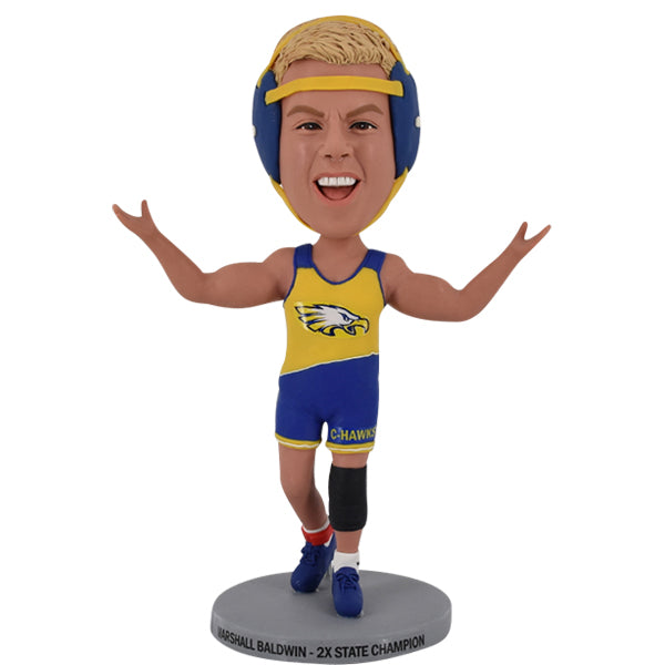 Wrestler Bobblehead with champion wrestling singlet hands flexing and yelling