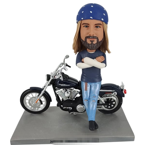 Bobblehead Custom with Jeans standing before Motorcycle