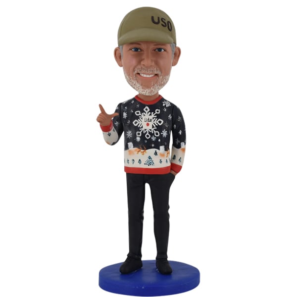 Custom Bobblehead in Christmas sweater with guns up sign