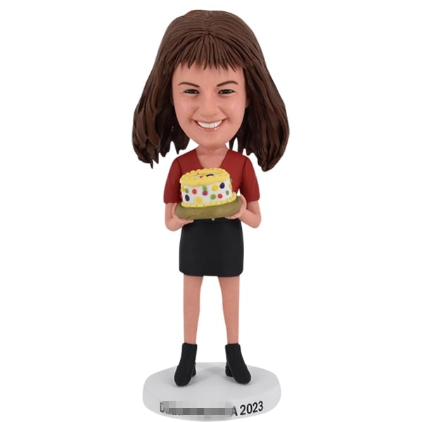 Female Bobble Head Custom holding Birthday Cake