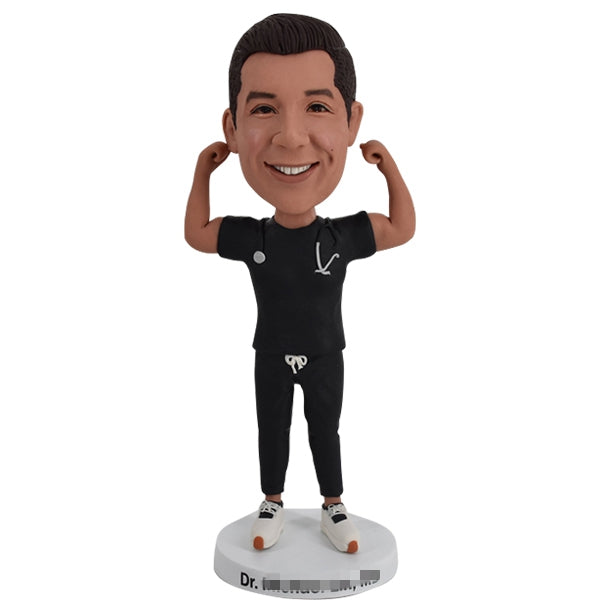 Male Nurse Bobble Head Custom in black scrubs