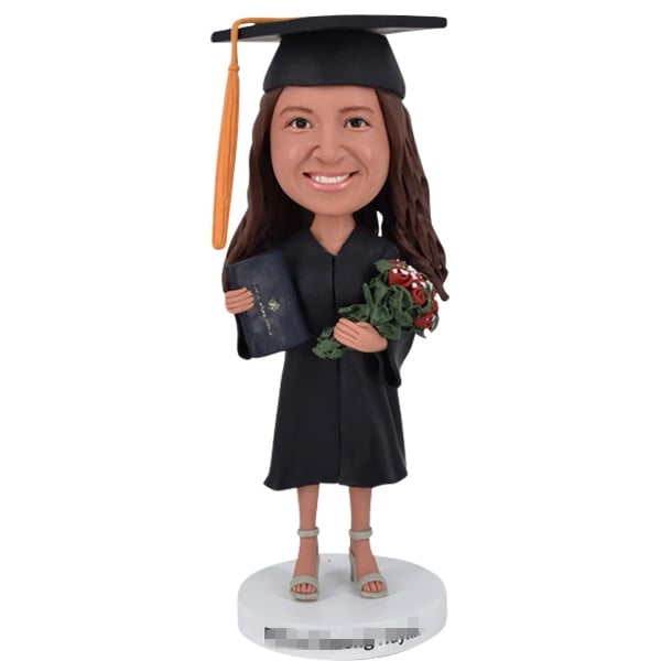 Graduation Bobble Head Holding Flowers