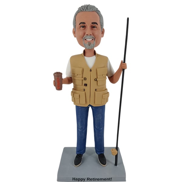 Retirement Bobblehead in fishing vest retired