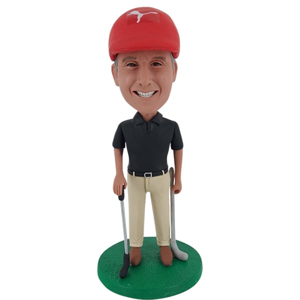 Funny Golfer Bobblehead Carrying Two Putters