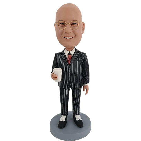 Male Bobblehead with striped suit holding water cup