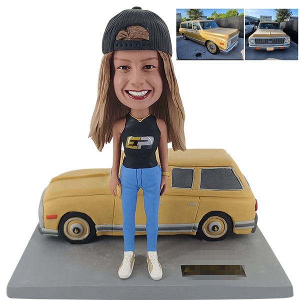 Bobblehead Standing before her Car