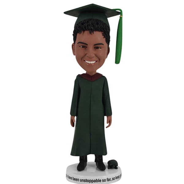 Graduation Bobblehead with dark green cap and gown