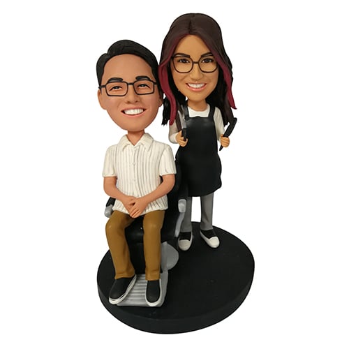Custom bobbleheads woman hairdresser and man