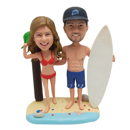 Custom beach wedding bobbleheads with bikini and surfboard