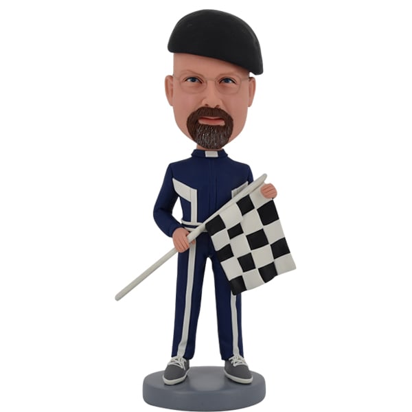 Custom Racer Bobblehead holding flag in racing car driver uniform