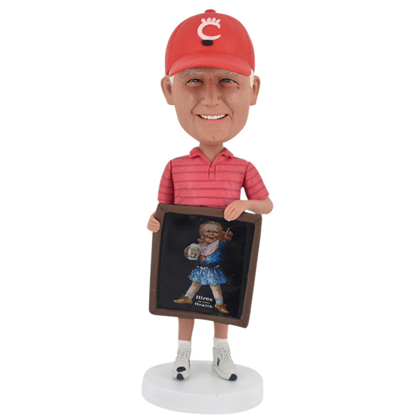 Custom Bobble Head antique collector holding sign