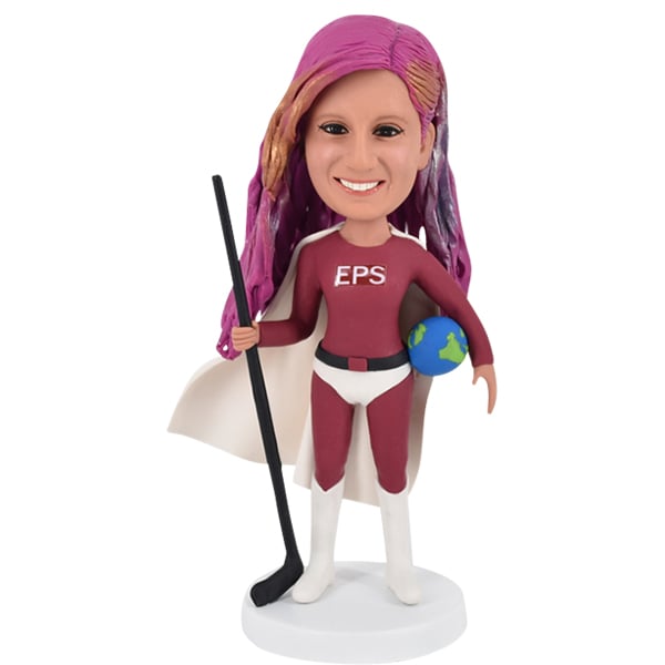 Personalized Superwoman Bobblehead with hockey stick