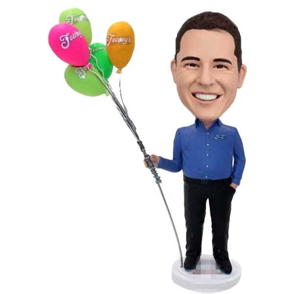 Custom Bobble Head holding ballons happy birthday