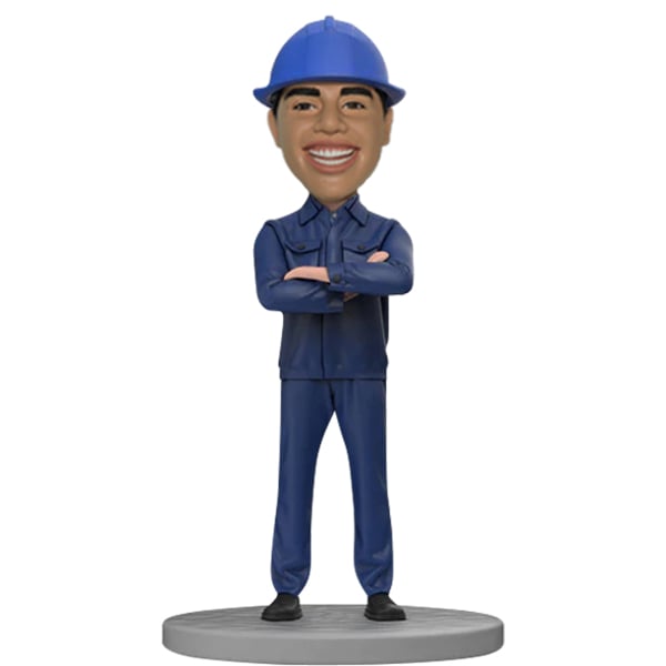 Custom Engineer Bobble Head with blue coveralls, work boots and hardhat