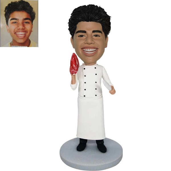 Chef Custom Bobble Head Holding Meat and Knife