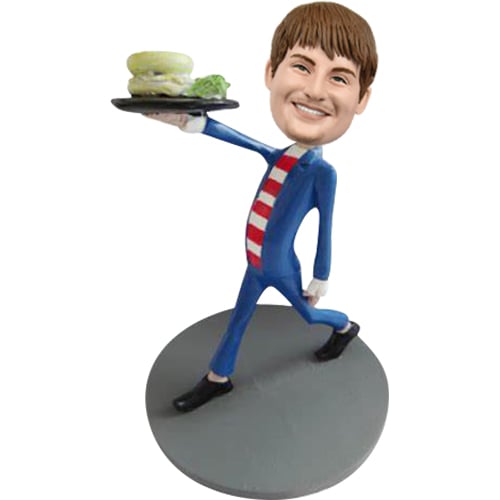 Custom waiter bobblehead with a dish of food