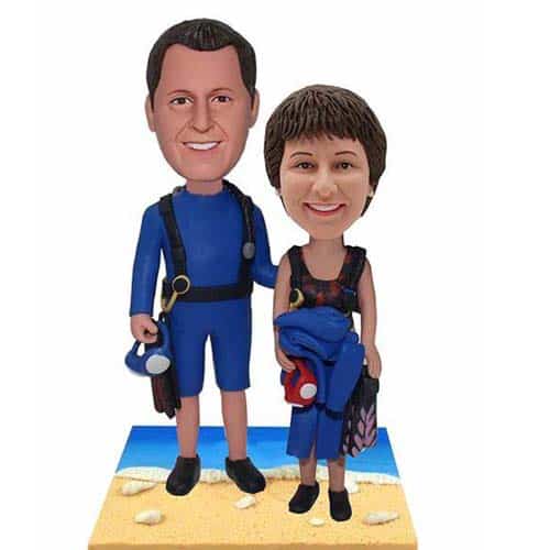 Custom diver diving couple bobbleheads in wetsuit snorkel scuba